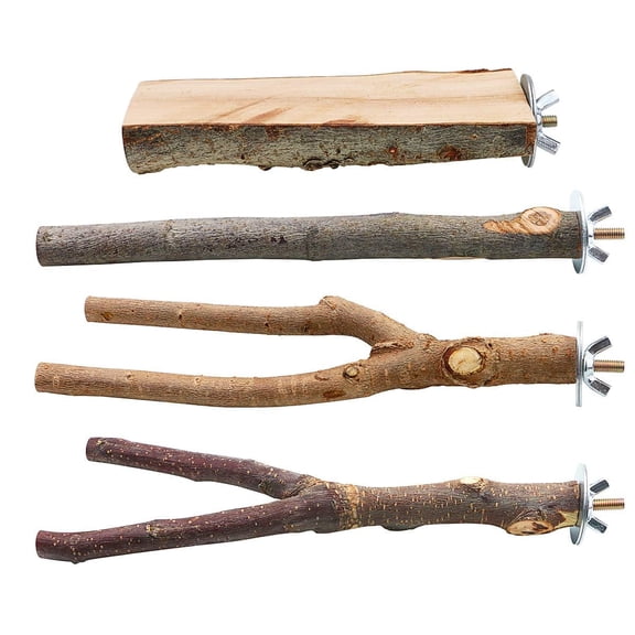 4-Pack Natural Wood Bird Perch Stand with Spacious Platform, Thick & Long Branches, Large Parrot Cage Accessories for African Grey, Macaws, Conures, Eclectus