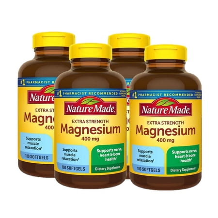 4 Pack | Nature Made Extra Strength Magnesium 400 mg., 180 Softgels