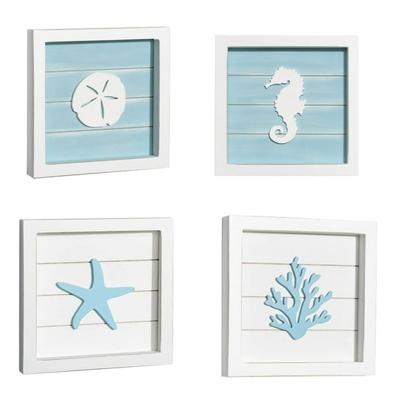 4 Pack Nautical Beach Wall Decor, Ocean Themed Coastal Wall Decor for Home Room Decorations 3D Wooden Beach Bathroom Wall Art Decor with Starfish Seashell Conch Coral Decor