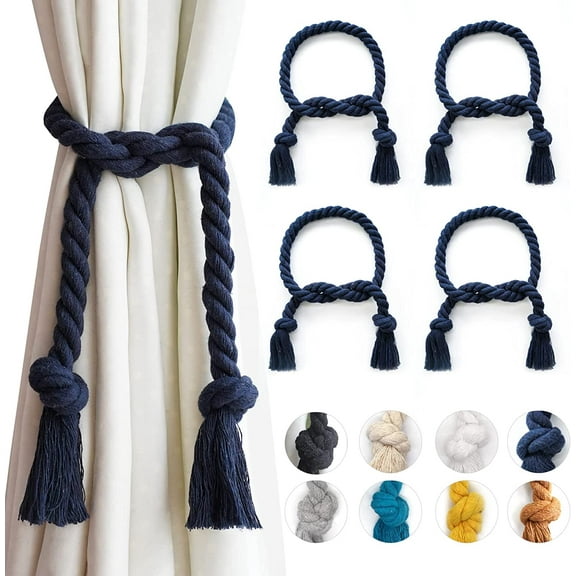 4 Pack Navy Blue Outdoor Curtain Tiebacks Rope, Natural Cotton Curtain Holders, Village Rural Rustic Curtain Holdbacks, Farmhouse Nautical Curtain Rope Tie Back for Drapery Patio