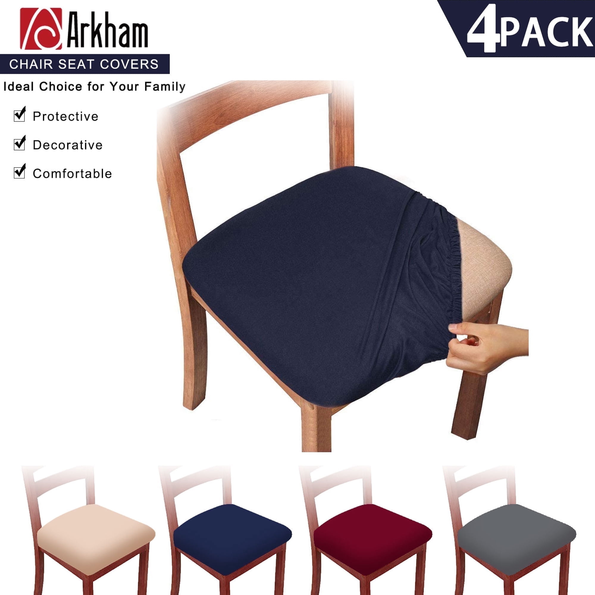 4 Pack Navy Stretch Chair Seat Covers for Dining Room, Anti-Dust Kitchen Chair Protector Slipcovers, Dinning Upholstered Office Chair Seat Cushion Slipcovers Protectors