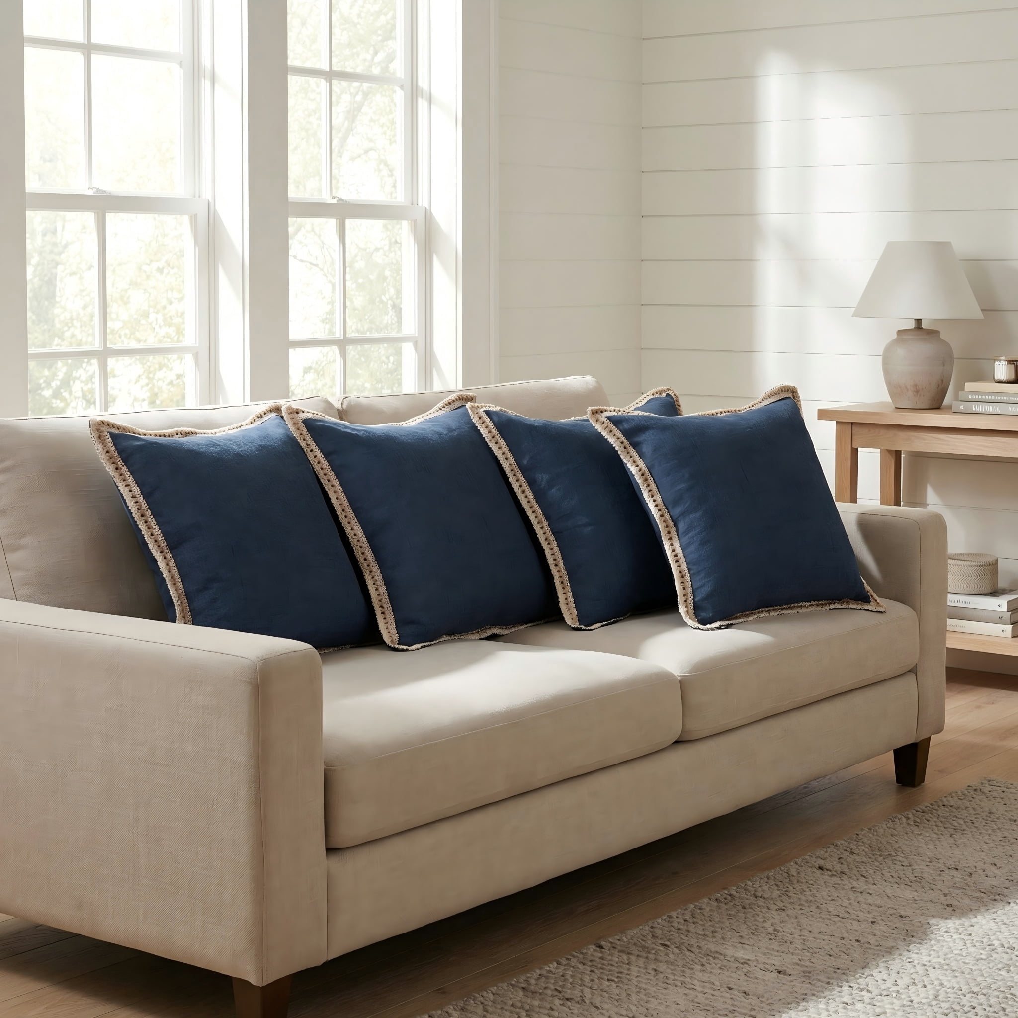 4 Pack Navy Throw Pillow Covers, 20x20 Inch Vintage Linen Trimmed Cushion Cases for Living Room Bedroom