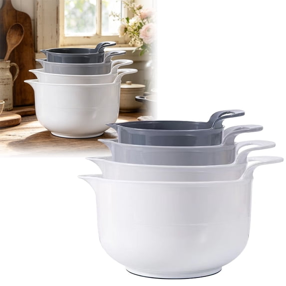 4 Pack Nesting Plastic Mixing Bowls with Handle Pour Spout Non Slip Base Stackable Storage Bowls for Baking Cooking Prep Salad Kitchen Food Storage