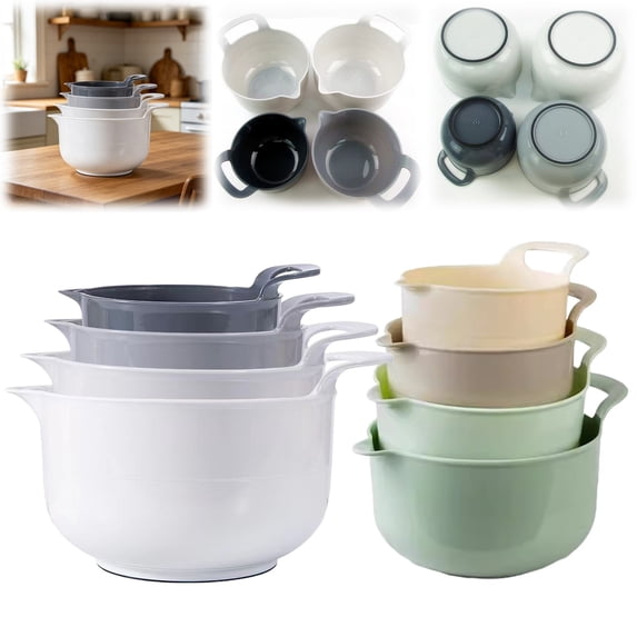4 Pack Nesting Plastic Mixing Bowls with Handle Pour Spout Non Slip Base Stackable Storage Bowls for Baking Cooking Prep Salad Kitchen Food Storage