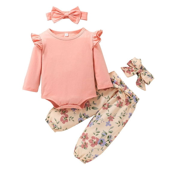 4 Pack Newborn Baby Girl Clothes Outfits Infant Romper Ruffle Floral Pants Headband Cute Toddler Baby Girl Clothes Set,Pink-2,6-12 Months