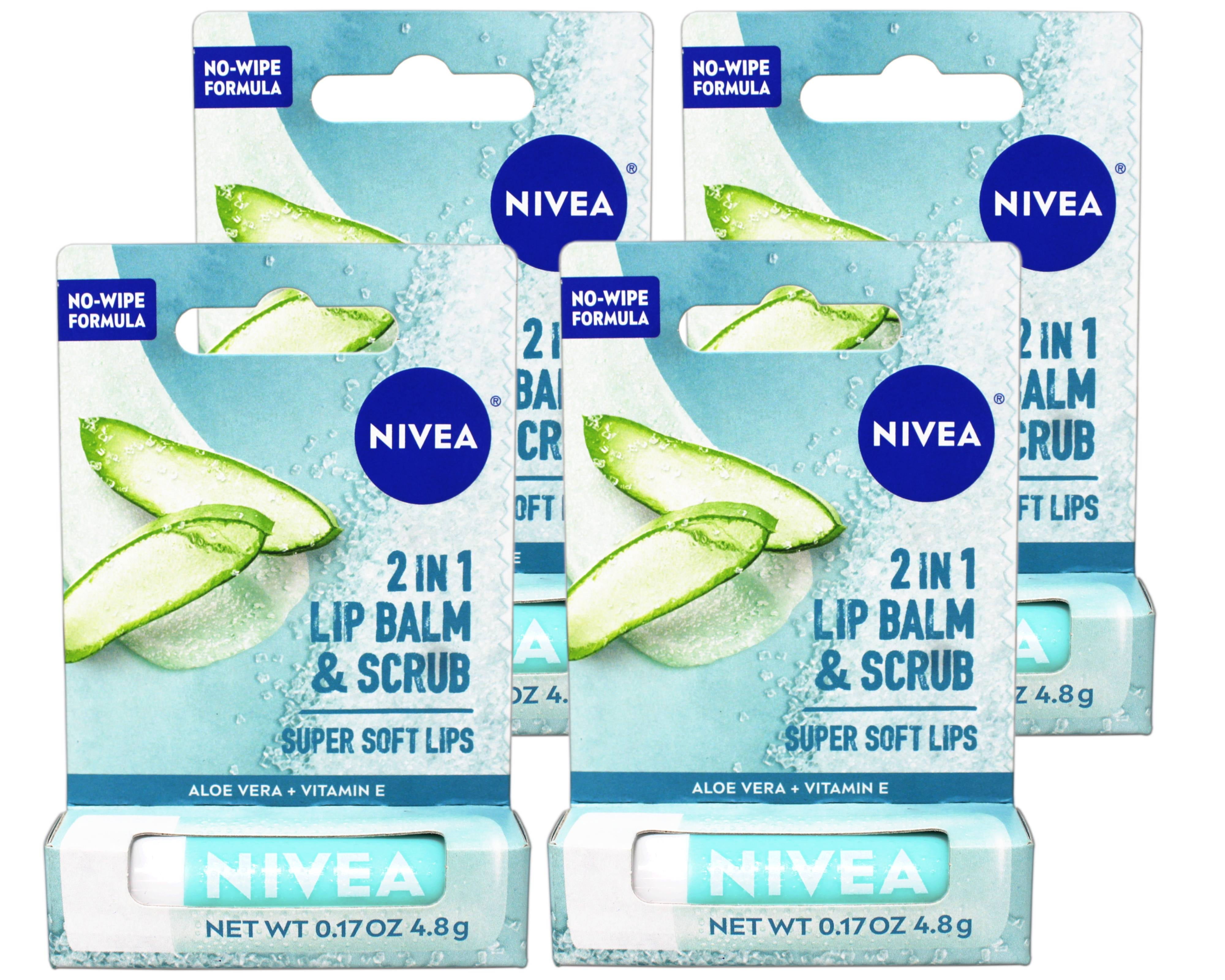 4 Pack - Nivea 2in1 Lip Balm & Scrub Super Soft Lips, Aloe Vera + Vitamin E, 0.17 oz (4.8 g)