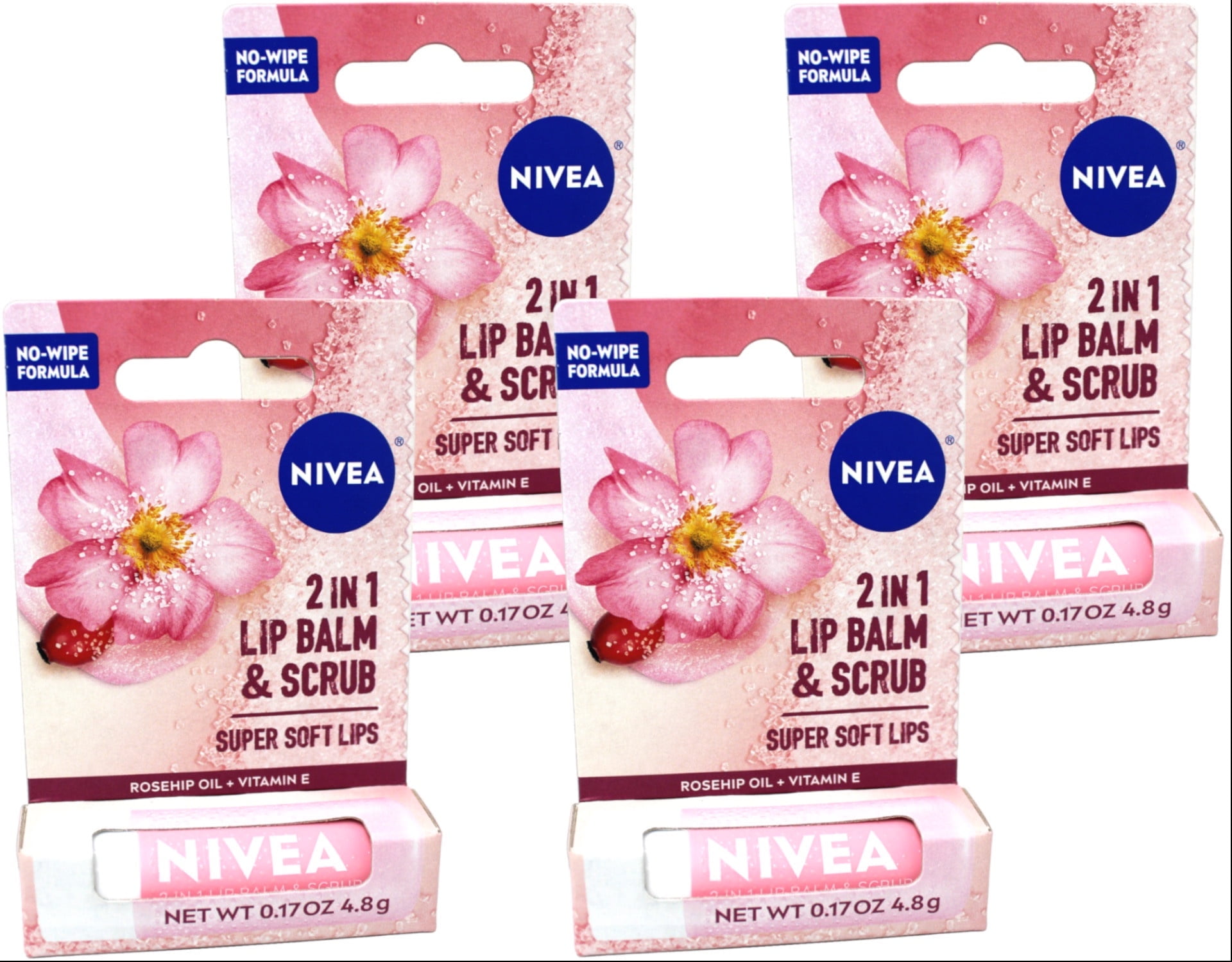 4 Pack - Nivea 2in1 Lip Balm & Scrub Super Soft Lips, Rosehip Oil + Vitamin E, 0.17 oz (4.8 g)