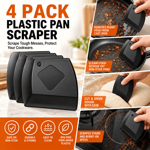 4-Pack Non-Scratch Pan Scrapers, Durable Plastic Dish Scraper Tools for Pots, Pans, Cookware & Kitchen Cleaning, Reusable Food Residue Removers