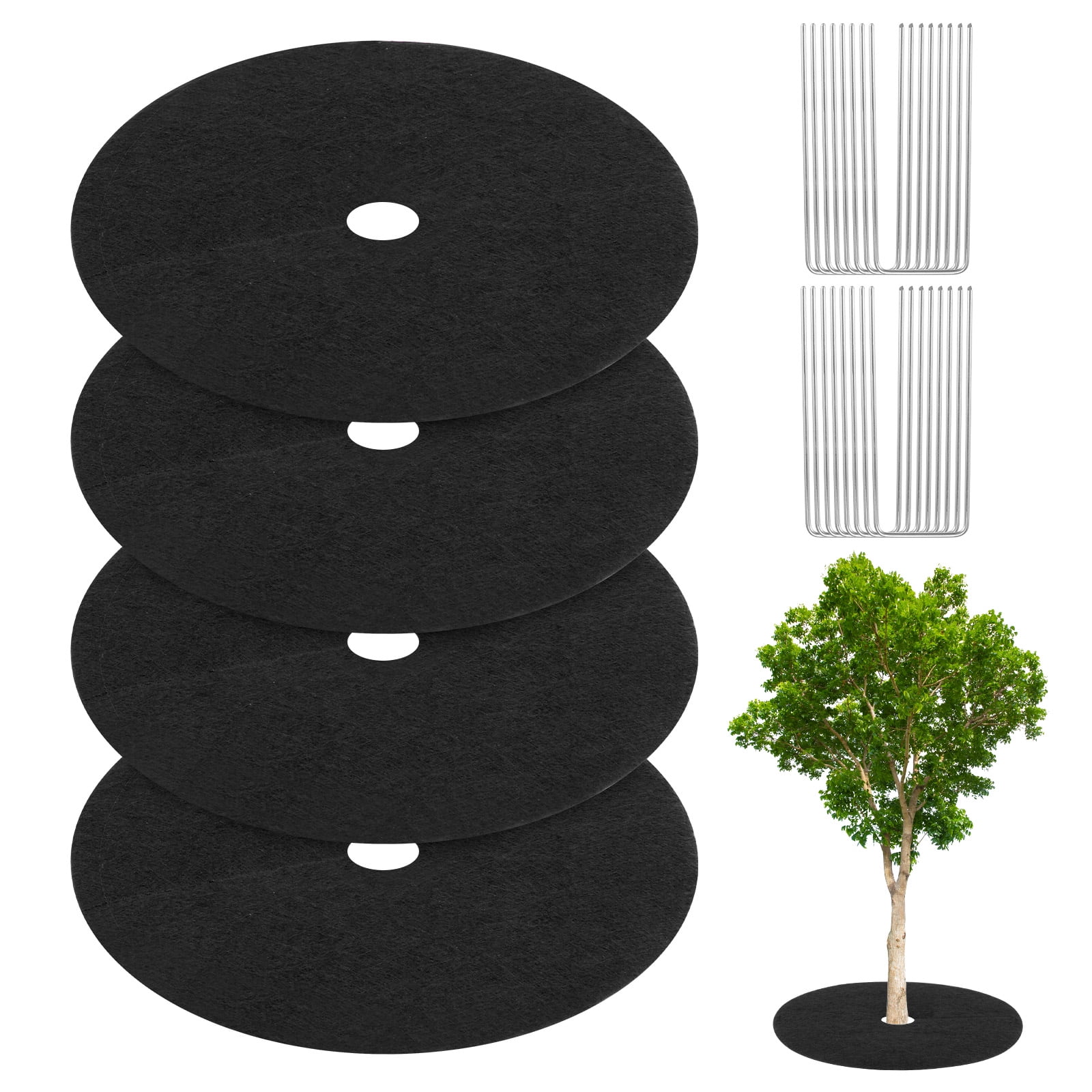 4-Pack Non-Woven Tree Mulch Ring, 20.5 Inch Tree Protector Mat W 16 Pcs Stakes for Plant Root Protection [Black]