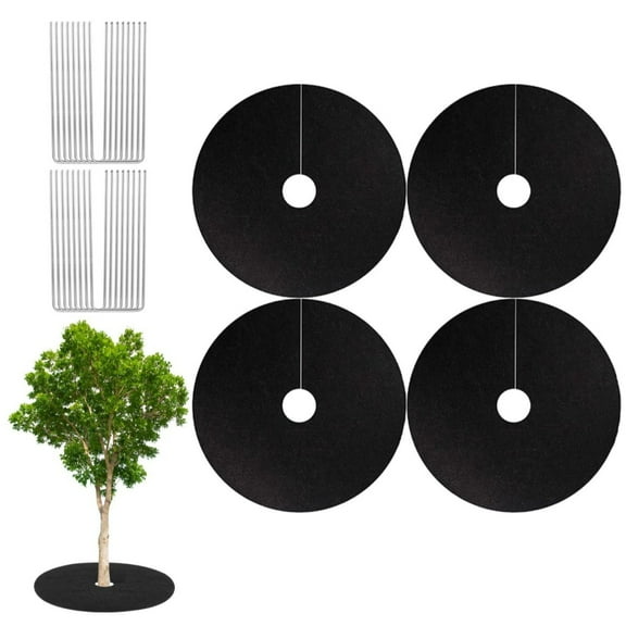 4-Pack Non-Woven Tree Mulch Ring, 24.4" Reusable Tree Protector Mat Tree Ring Weed Fabric Cover with 16 Garden Stakes for Landscape Control Plant Root Protection, Black