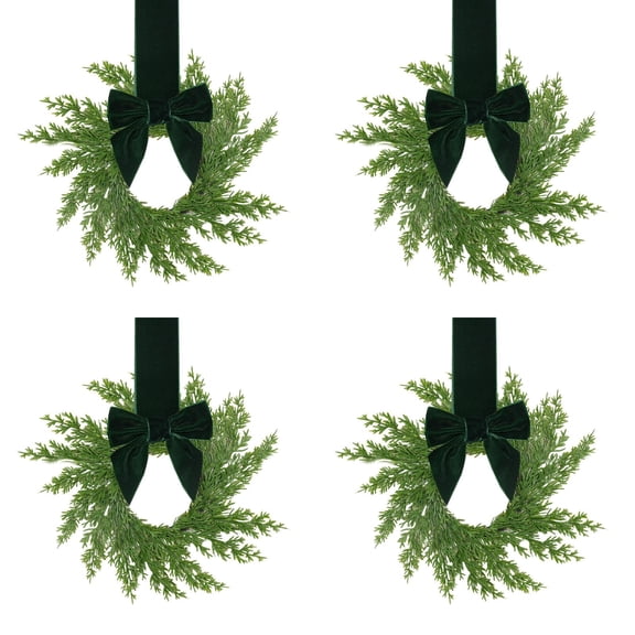 4 Pack Norfolk Pine Christmas Mini Wreaths, Real Touch Greenery Elegant Green Bows Farmhouse Decor Indoor Outdoor Cabinet Door Window Fireplace, 10.6in