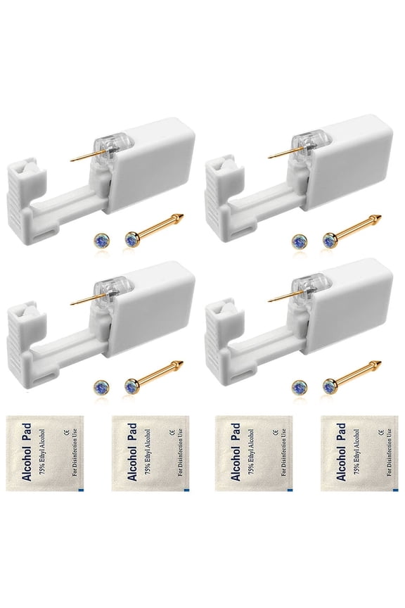 4 Pack Nose Piercing Kit, Disposable Safe Sterile Piercing Gun, Self Nose Piercing Unit For, Nose Stud Piercing Kit Tool (Gold)
