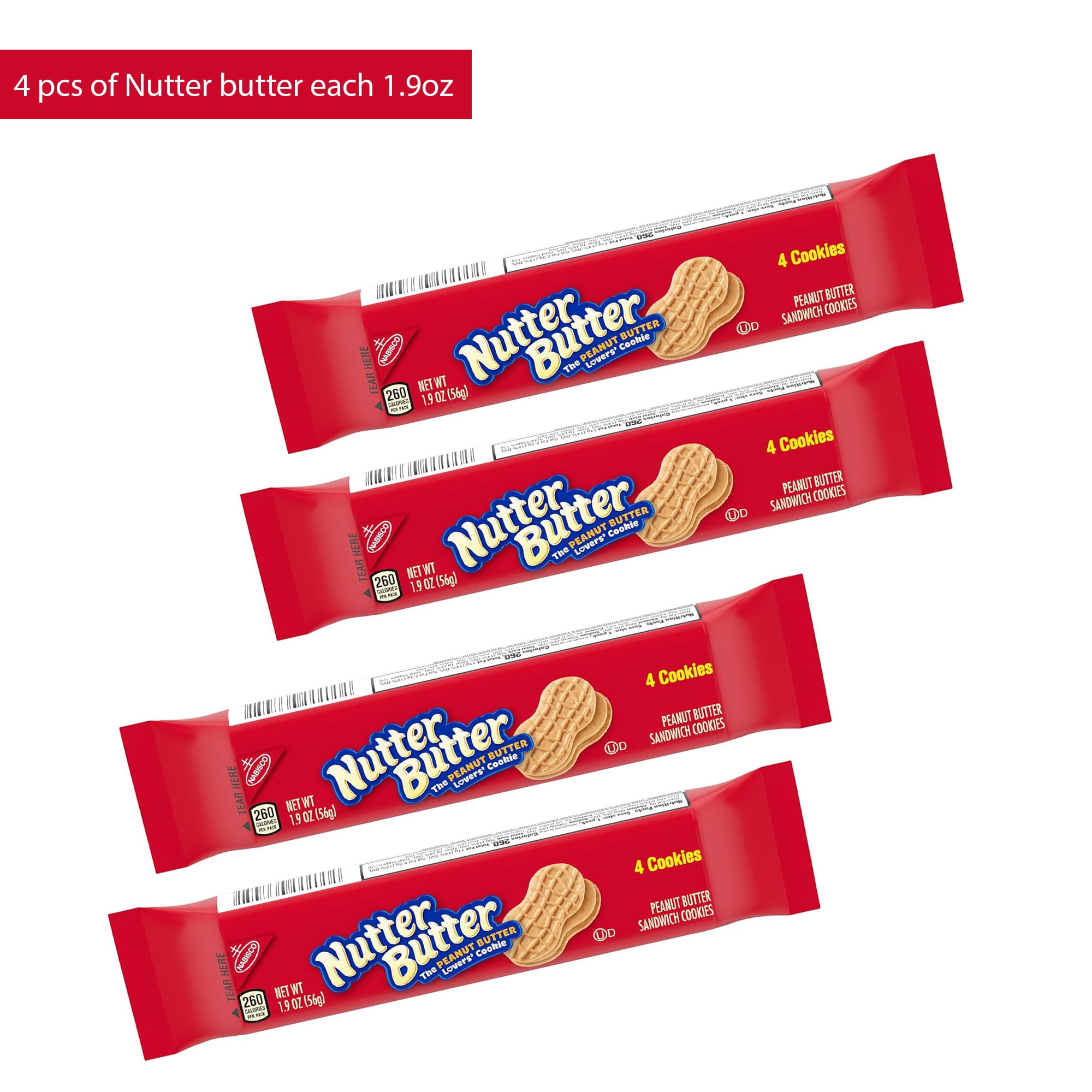 4 Pack Nutter Butter Peanut Butter Sandwich Cookies by Snacks, 1.9 Oz Per Bar