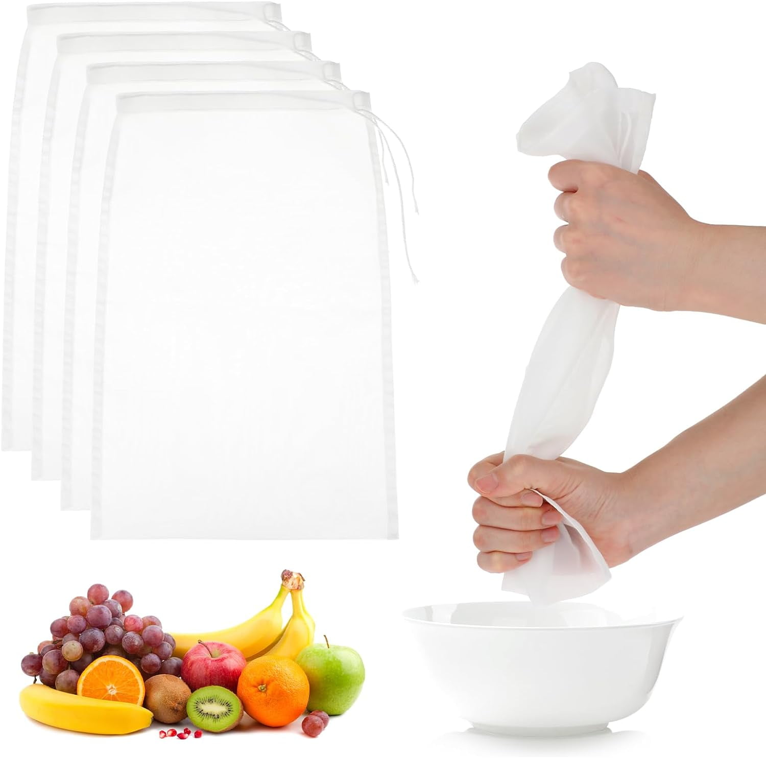 4 Pack Nylon Nut Milk Bags, Multiple Usage Reusable Food Strainer, Fine