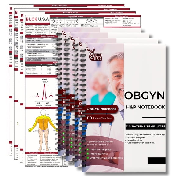 4 Pack OBGYN H&P Notebook: 110 Perforated Medical History & Physical Templates, 2-Page View, Pocket Size 8.5"x5.5", Includes Medicine Reference Sheet, Ideal for Students & Professionals