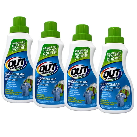 4 Pack - OUT ProWash Workwear Odor Eliminator and Stain Remover Laundry Detergent, Great for Work Clothes, Uniforms, Active Wear, and More, 22 Ounce Bottle