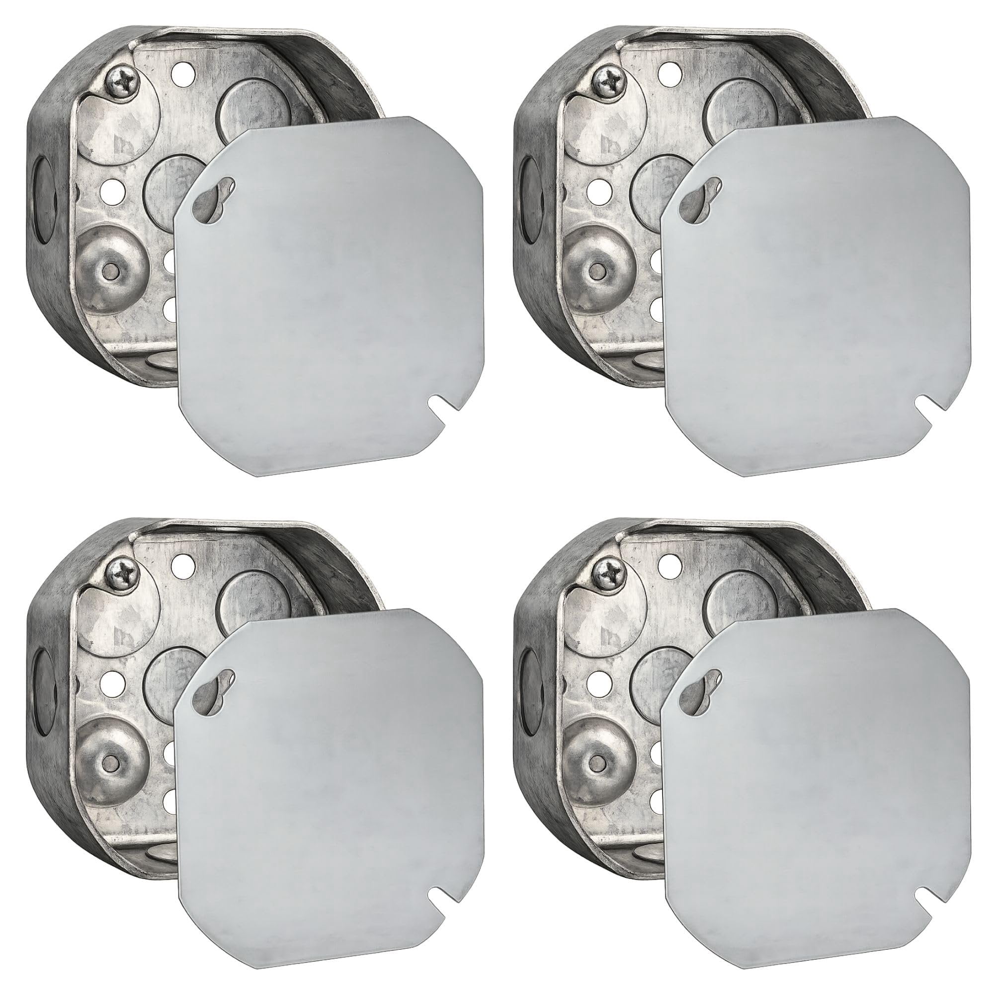 4 Pack Octagon Stainless Steel Electrical Junction Box & Blank Cover, 4" Square Drawn Metal Box, 1-1/2" Deep, 15.5 Cu In, UL Listed, 4x4 Flat Cover Blank Kit