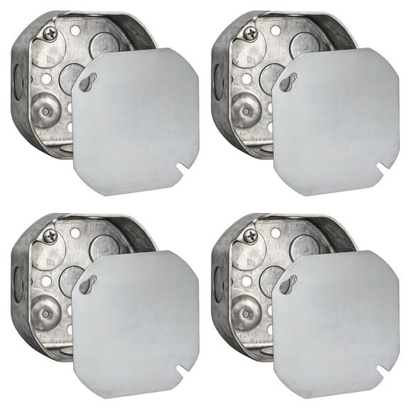 4 Pack Octagon Stainless Steel Electrical Junction Box & Blank Cover, 4" Square Drawn Metal Box, 1-1/2" Deep, 15.5 Cu In, UL Listed, 4x4 Flat Cover Blank Kit
