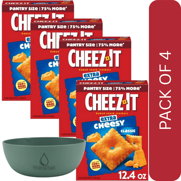 4 Pack Of CheezIt Extra Cheesy Baked Snack Crackers  12.4oz Box, 100% Real Cheese Crunch, With Olive Green Bowl By ValueNest