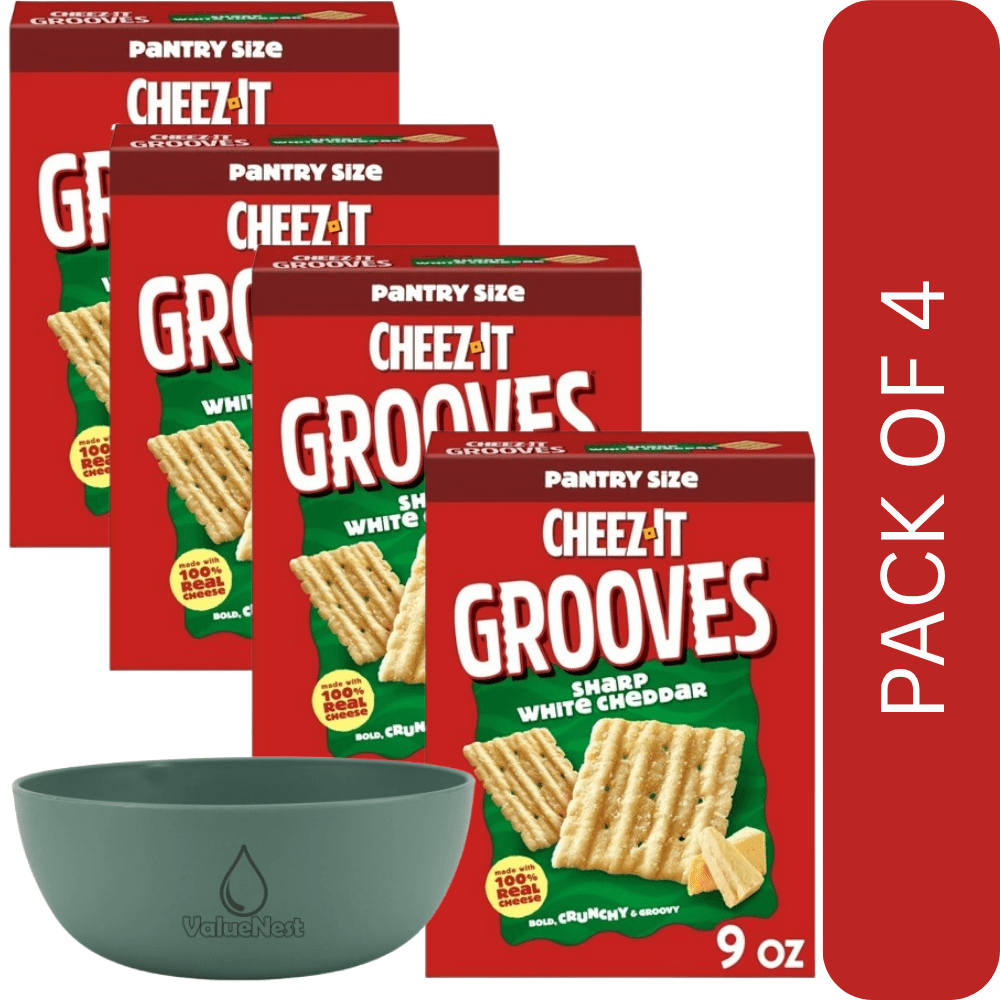 4 Pack Of Cheez‑It Grooves Sharp White Cheddar Cheese Crackers – 9 oz Crunchy Thin‑Ridge Snack, With Olive Green Bowl By ValueNest