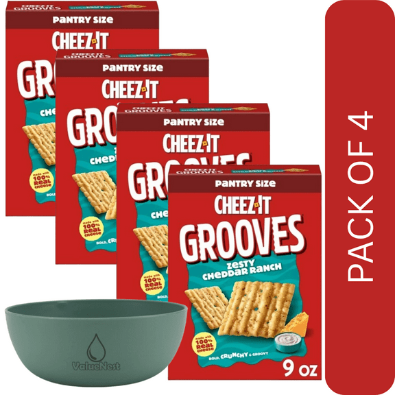4 Pack Of CheezIt Grooves Zesty Cheddar Ranch Cheese Crackers 9oz Crunchy Snack, With Olive Green Bowl By ValueNest