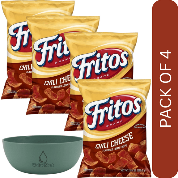 4 Pack Of Fritos Chili Cheese Flavored Corn Chips, Bold Crunchy Snack, 9.25 oz Bag, With Olive Green Bowl By ValueNest