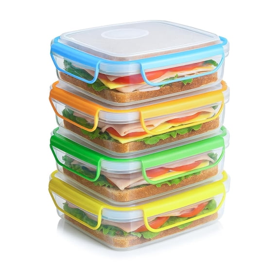 - 4 Pack Of Fun Size Leakproof Sandwich Containers Reusable  Bpa Free Boxes. Airtight Seal. Also Great For Salads Snacks Fruit And Food Storage.