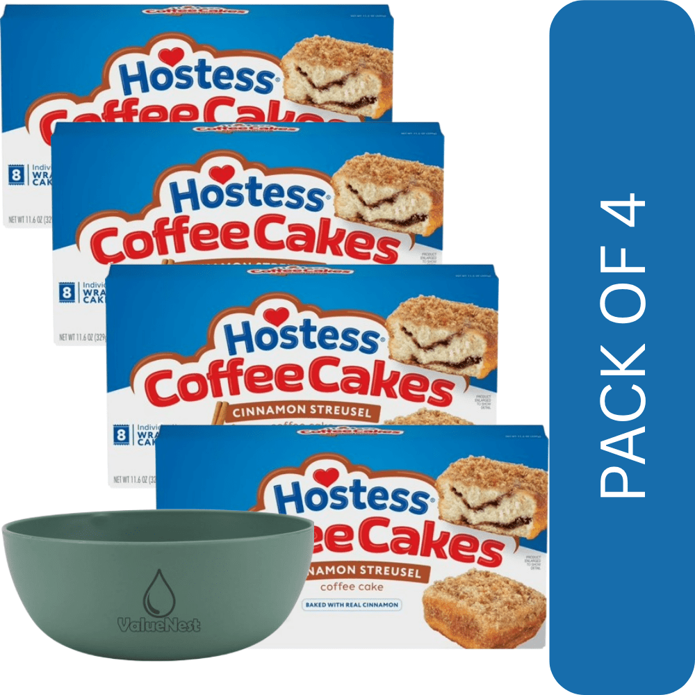 4 Pack Of Hostess Coffee Cakes, Cinnamon Streusel Snack Cakes – 8 Count, 11.6 oz Box, With Olive Green Bowl By ValueNest