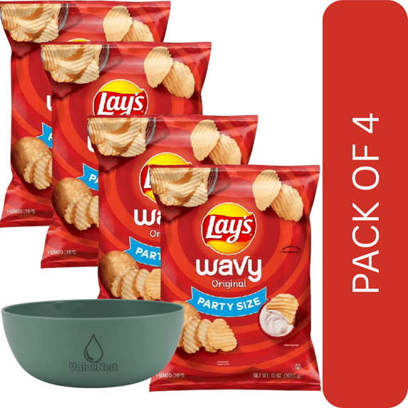 4 Pack Of Lay’s Wavy Original Potato Chips – 13 oz Party‑Size Bag, Gluten‑Free & No MSG, With Olive Green Bowl By ValueNest