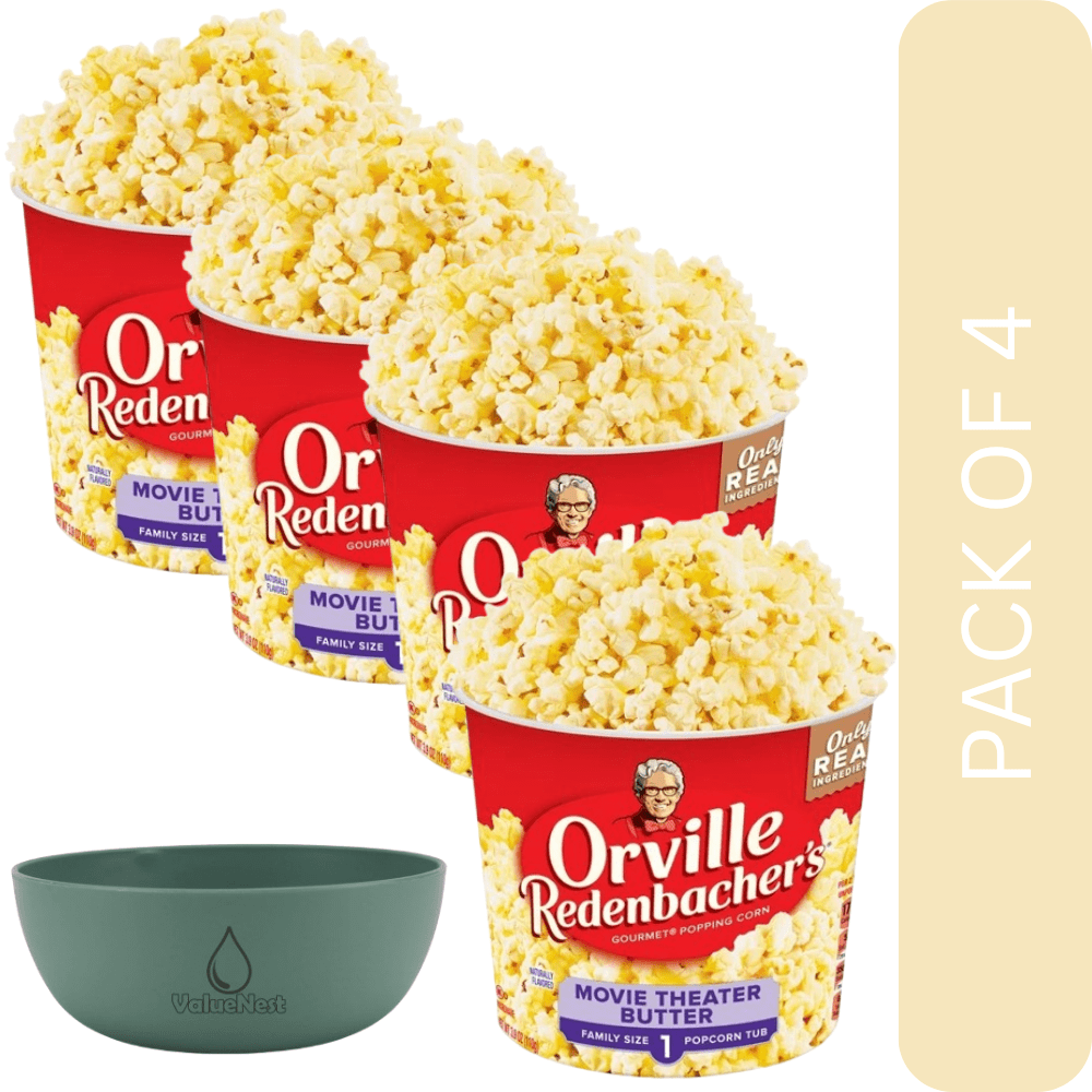 4 Pack Of Orville Redenbacher’s Movie Theater Butter Microwave Popcorn – 3.29 oz Tub, Real-Butter Taste, With Olive Green Bowl By ValueNest