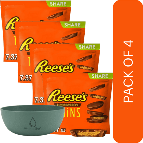 4 Pack Of Reeses Thins Milk Chocolate Peanut Butter Cups 7.37oz Share Pack, Individually Wrapped, With Olive Green Bowl By ValueNest