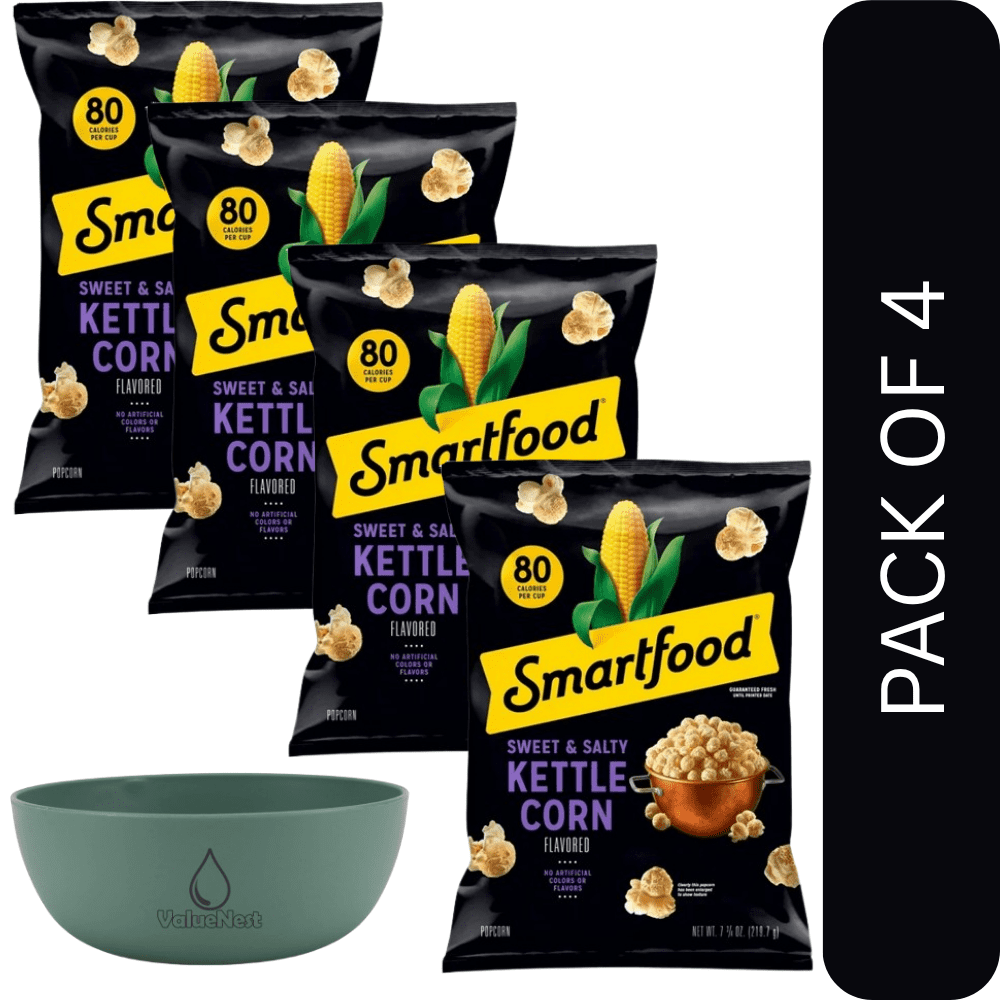 4 Pack Of Smartfood Sweet & Salty Kettle Corn Popcorn – 7.75 oz Bag, Air-Popped Whole Grain Snack, With Olive Green Bowl By ValueNest