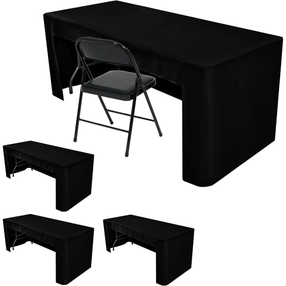 4-Pack Open Back Table Cloths for 6 Foot Tables, Water Repellent Fitted Black Table Covers, 3-Sided Oxford Polyester Tablecloth for Vendor Booth, Craft Fairs, Registration Desk