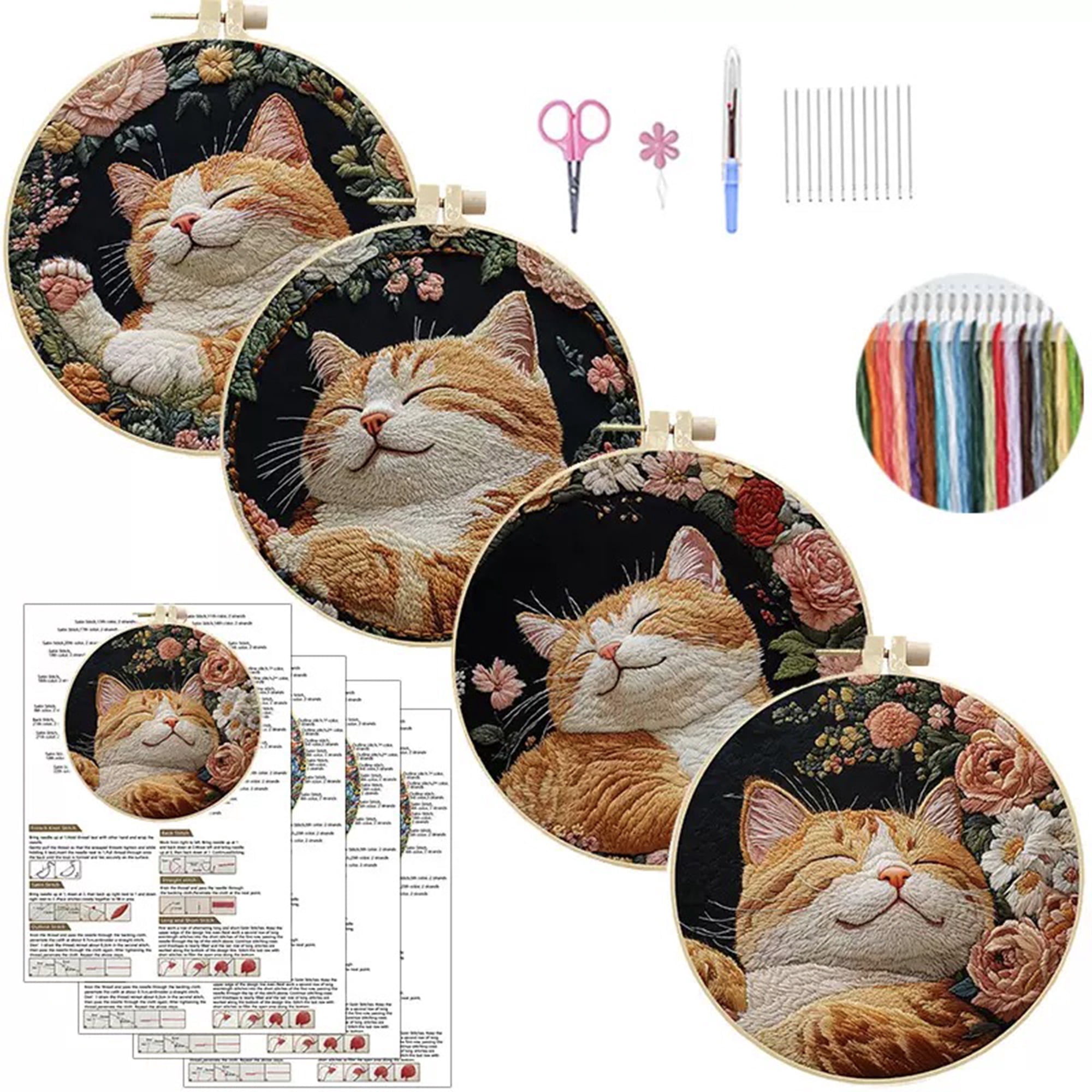 4 Pack Orange Cat Embroidery Kits for Adults Beginners Realistic Sleeping Tabby Floral Needlepoint DIY Hoop Art Craft Set