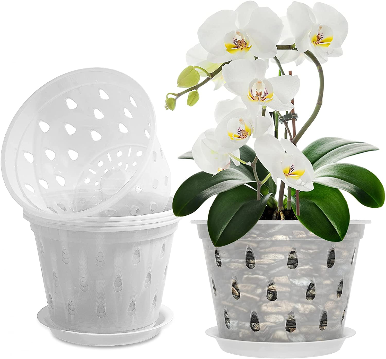 4 Pack Orchid Pots with Holes and Saucers, 7 Inch Clear Plastic Orchid