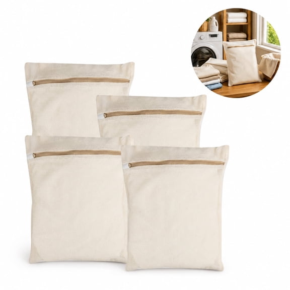 4 Pack Organic Cotton Mesh Laundry Bags, Foldable Delicates Wash Pouches with Sturdy Zippers for Washing Machine Underwear Pants Socks