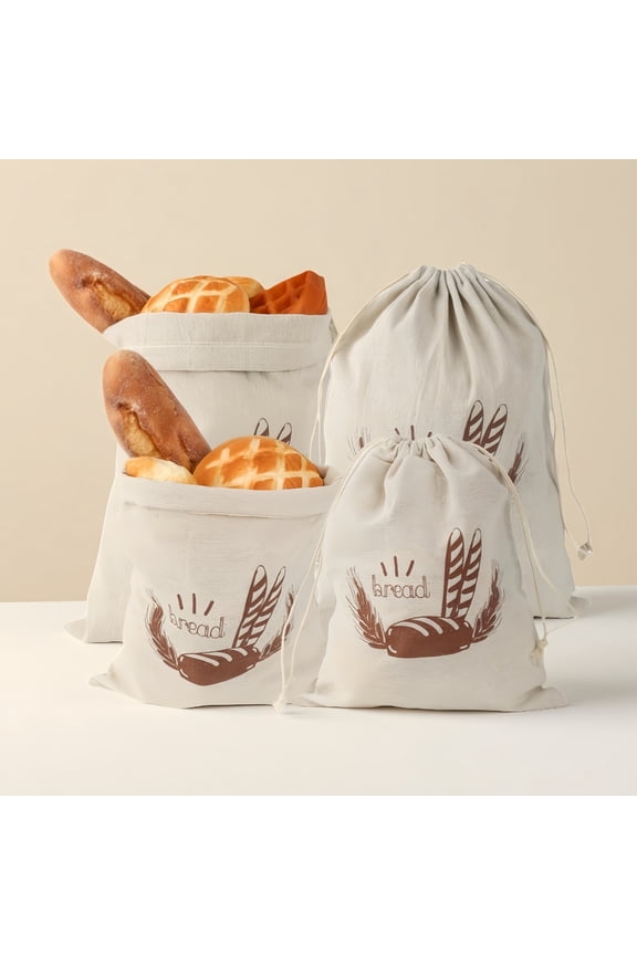 4-Pack Organic Linen Bread & Storage Bags with Drawstring Closure - 9.8"x11.8" & 11.8"x14.9" Eco-Friendly Reusable Bags for Freshness Preservation of Breads, Fruits, Vegetables