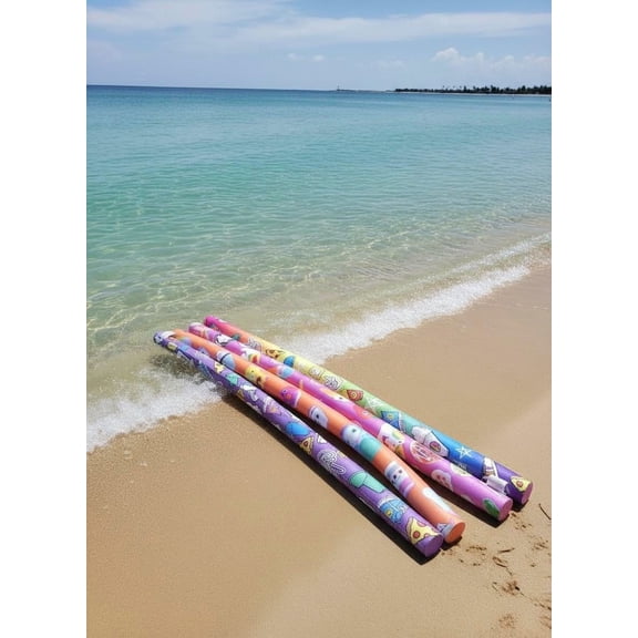 4 Pack of The Original Designer Noodle Pool Noodles Assorted Colors (Orange, Purple, Green, Pink) With Prints of Milkshakes, Donuts, Pizza, Sneakers, Fries, Unicorns