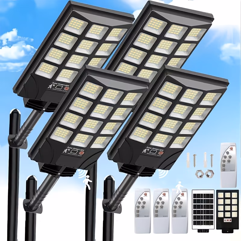 4 Pack Outdoor Solar Street Light, Built-in LED Beads, IP Waterproof Motion Sensor Solar Flood Light with Remote Control, Dusk to Dawn Commercial Lighting for Parking Lots, Courtyards, Parks and Stre