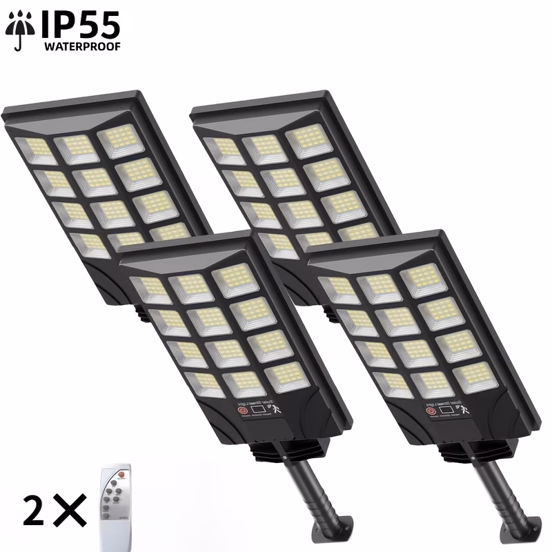 4 Pack Outdoor Solar Street Light, Built-in LED Beads, IP Waterproof Motion Sensor Solar Flood Light with Remote Control, Dusk to Dawn Commercial Lighting for Parking Lots, Courtyards, Parks and Str