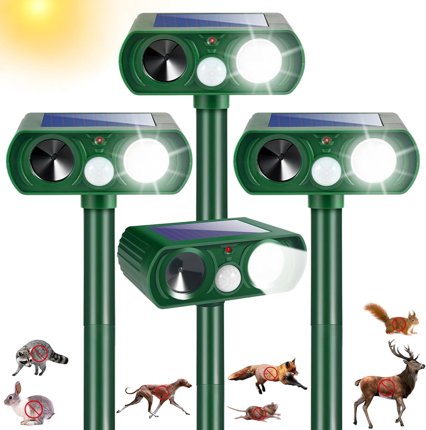 4 Pack Outdoor Solar Ultrasonic Animal Repellent with Motion Sensor Strobe Light for Skunk Raccoon Rabbit Dog Squirrel Fortress Pro for Yard Garden Lawn