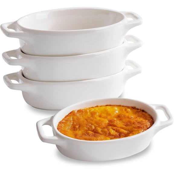 4-Pack Oval Creme Brulee Ramekins, 4 oz Mini Porcelain Souffle Dish, Ramekins Oven Safe with Double Handles (White)