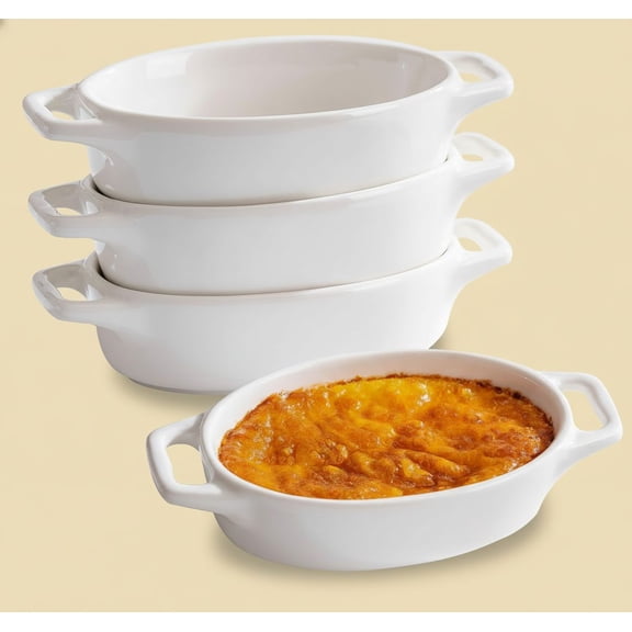 4-Pack Oval Creme Brulee Ramekins, 4 oz Mini Porcelain Souffle Dish, Ramekins Oven Safe with Double Handles (White)