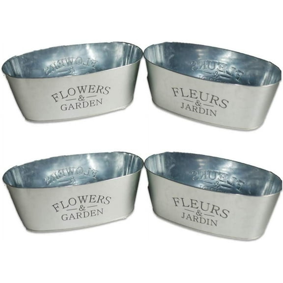 4 Pack - Oval Galvanized"Flowers & Garden" Metal Planter Pots - Perfect for Parties, Weddings & Decorations