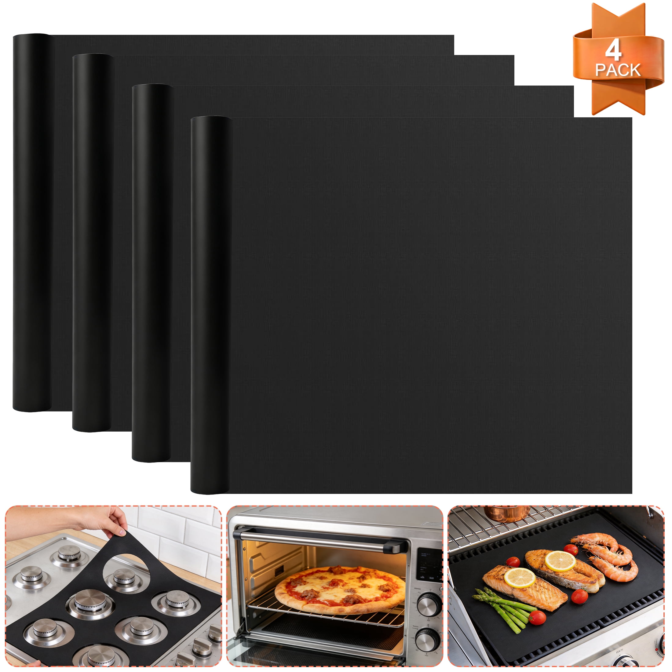 4 Pack Oven Liners for Bottom of Oven, Non Stick Heat Resistant Oven Mats, Reusable Grill Mat Stove Protector Liners, Cuttable Baking Mats for Gas Stove, BBQ, Microwave