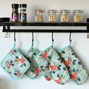 4 Pack Oven Mitts and Pot Holders Set, Heat Resistant Fabric Bake Pot Holders Gloves, Green Floral