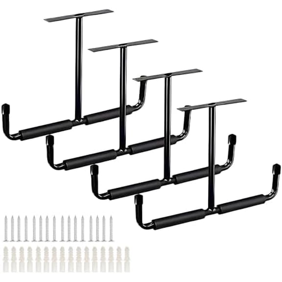 4 Pack Overhead Garage Storage Hooks, 17" Heavy Duty Ceiling Mount Hangers, Double T-Bar Metal Ceiling Racks, Hanging for Bike, Pipe Lumber, Fishing Rod, Sports Equipment