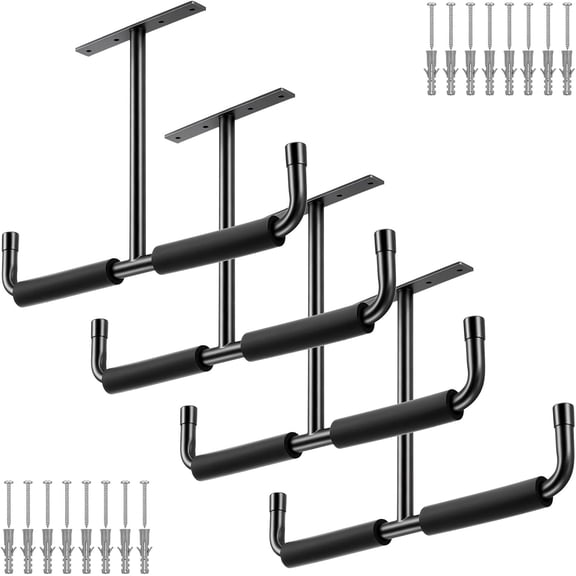 4 Pack Overhead Garage Storage Hooks Heavy Duty Ceiling Mount Hangers Double T-Bar Steel Ladder Rack Space Saving Utility for Bike, Lumber, Pipe, Fishing Rod, Sports Equipment, Black