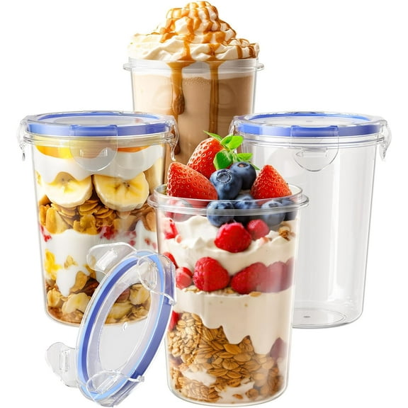 4 Pack Overnight Oats Containers with Lids, Oatmeal Container, 16oz Leak Proof Oats Jars, BPA Free, Reusable, Portable Plastic Food Storage Container for Oatmeal, Yogurt, Soup, Cereal, Milk and More