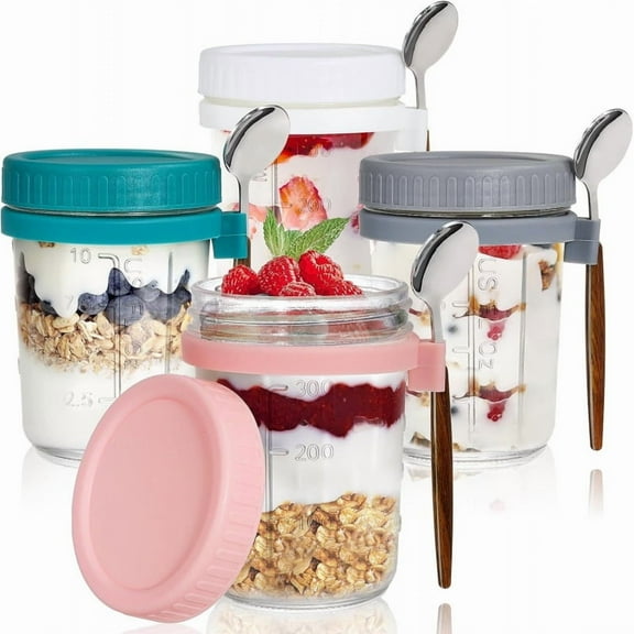 4 Pack Overnight Oats Containers with Lids and Spoons 12 Oz Glass Mason Jars for Overnight Oats Leak Proof Oatmeal Container Great for Cereal Fruit Vegetable Milk Salad Yogurt Meal Prep